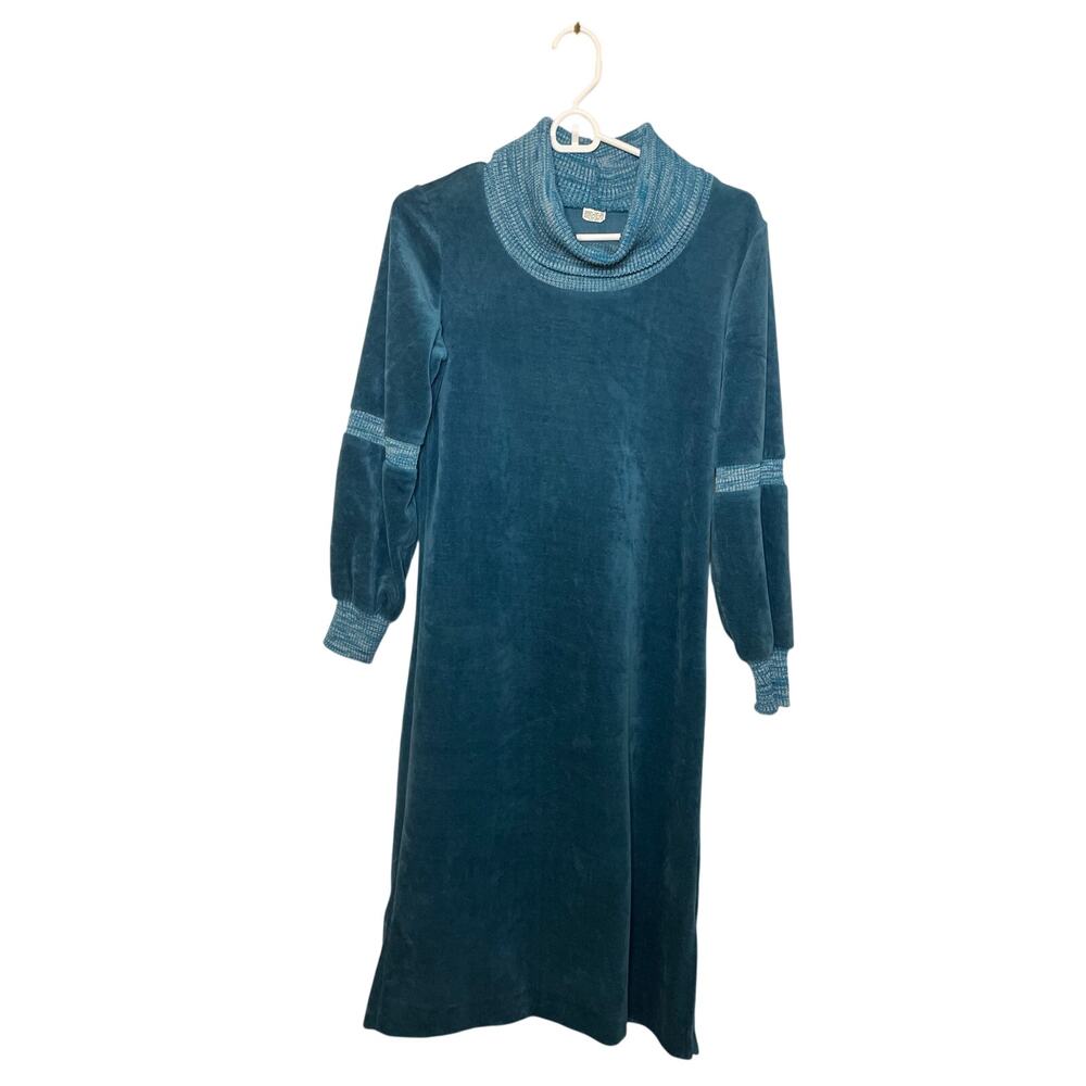 Vintage 70s Women's S Green Blue Velour w/ Ribbed Texture Collar & Sleeve Detail